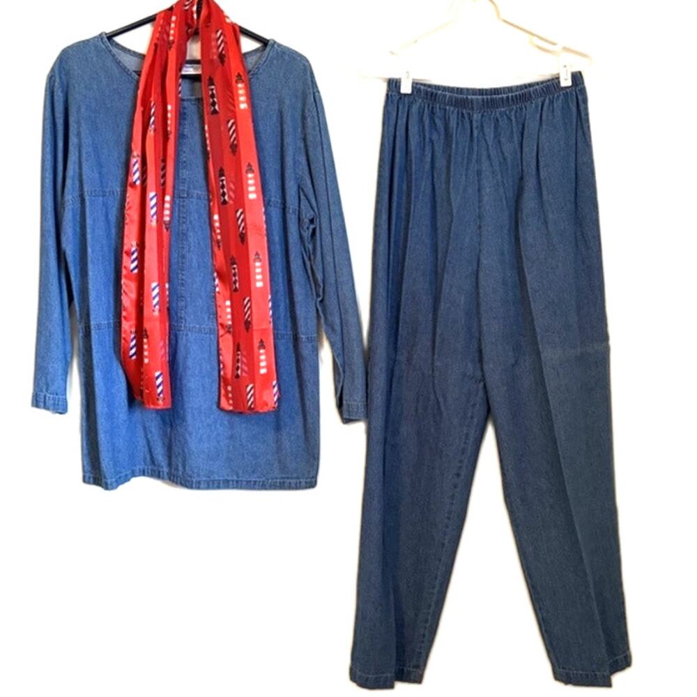 Vintage Bedford Fair 3PC Denim Tunic & Pants Set Lighthouse Scarf Size L